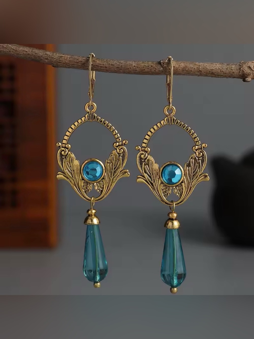 Anthropologie Blue Turquoise Glass Drop Earrings Gold Tone Botanical Boho NWOT
